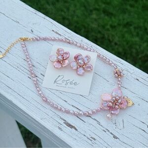 X621 Handmade Freshwater Pink Baroque Pearl Flower Necklace & Earrings Set